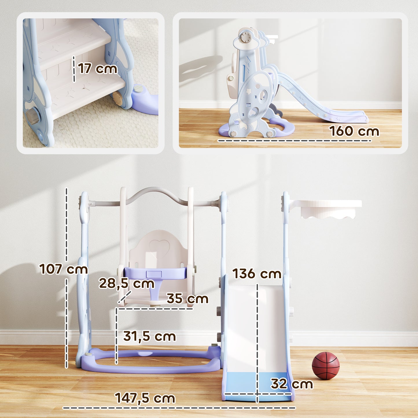 AIYAPLAY 4-in-1 Indoor-Spielplatz, Rutsch- und Schaukelset für Kleinkinder, Basketballkorb, Raketendesign, Kunststoff, Hellblau
