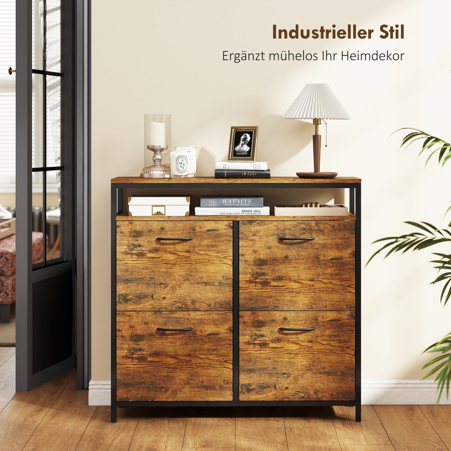 HOMCOM Schuhschrank mit 4 klappbaren Schubladen, schmales Design, offenes Regal, für 12-20 Paar Schuhe, Stahl, Braun