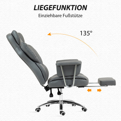 HOMCOM Ergonomischer Bürostuhl, gepolstert, mit Fußstütze, verstellbarer Lehne, 360° drehbar, Dunkelgrau