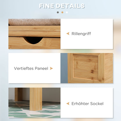 kleankin Badezimmerschrank, 3 Regale, 2 Schubladen, Bambus, 30 cm x 30 cm x 140 cm, Natur