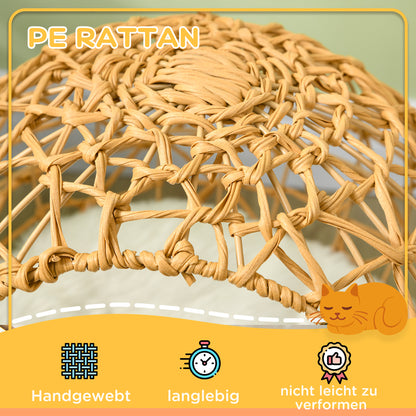 Pawhut Rattan Katzenkorb Katzenhöhle Katzenhütte Katzenbett mit Kissen erhöhtes Design Haustierbett Braun Ø45 x 57H cm