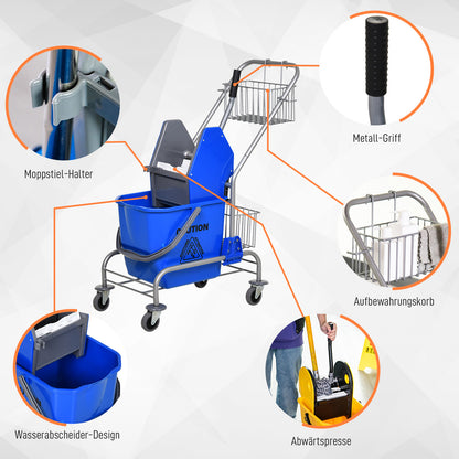 HOMCOM Reinigungseimer, Wischmoppeimer, rollbar, Kunststoff, Metallgriff, Blau