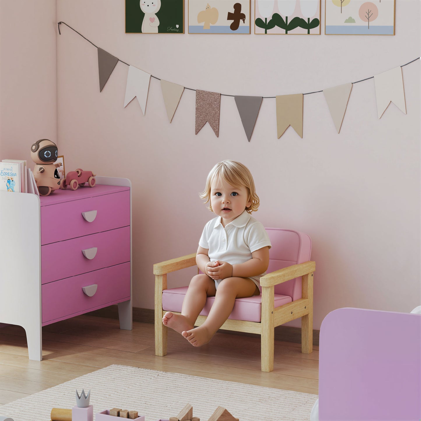 AIYAPLAY Kindersessel Kindersofa mit Kord-Optik, massiven Holzfüßen Sessel aus Schaumstoff Kinderstuhl für Kinderzimmer, Spielzimmer, 46,5 x 44 x 45 cm, für Kinder 3-8 Jahre Rosa