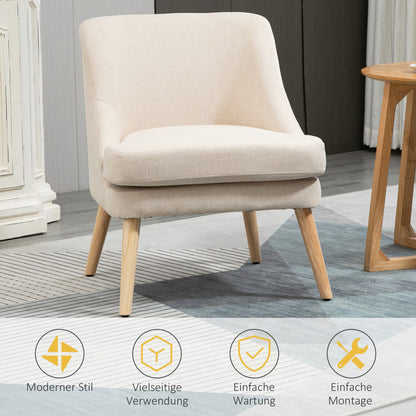 HOMCOM Sessel Loungesessel mit Leinenoptik, Armlehne, Gepolstert Relaxsessel mit Holzbeine, für Wohnzimmer, Schlafzimmer, Cremeweiß