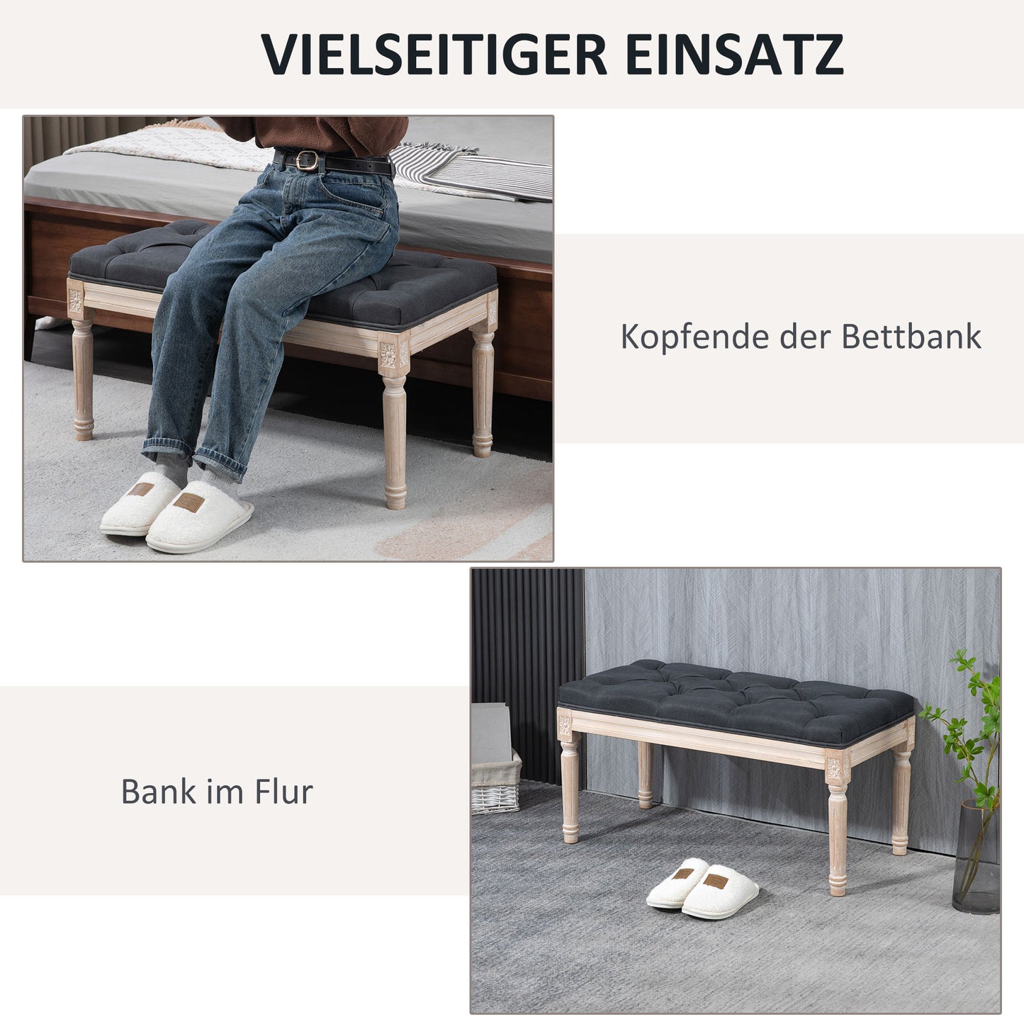 HOMCOM Sitzbank Vintagedesign Vintagebank, Knopfheftung, gedrechselte Beine, Shabby Chic, Dunkelgrau