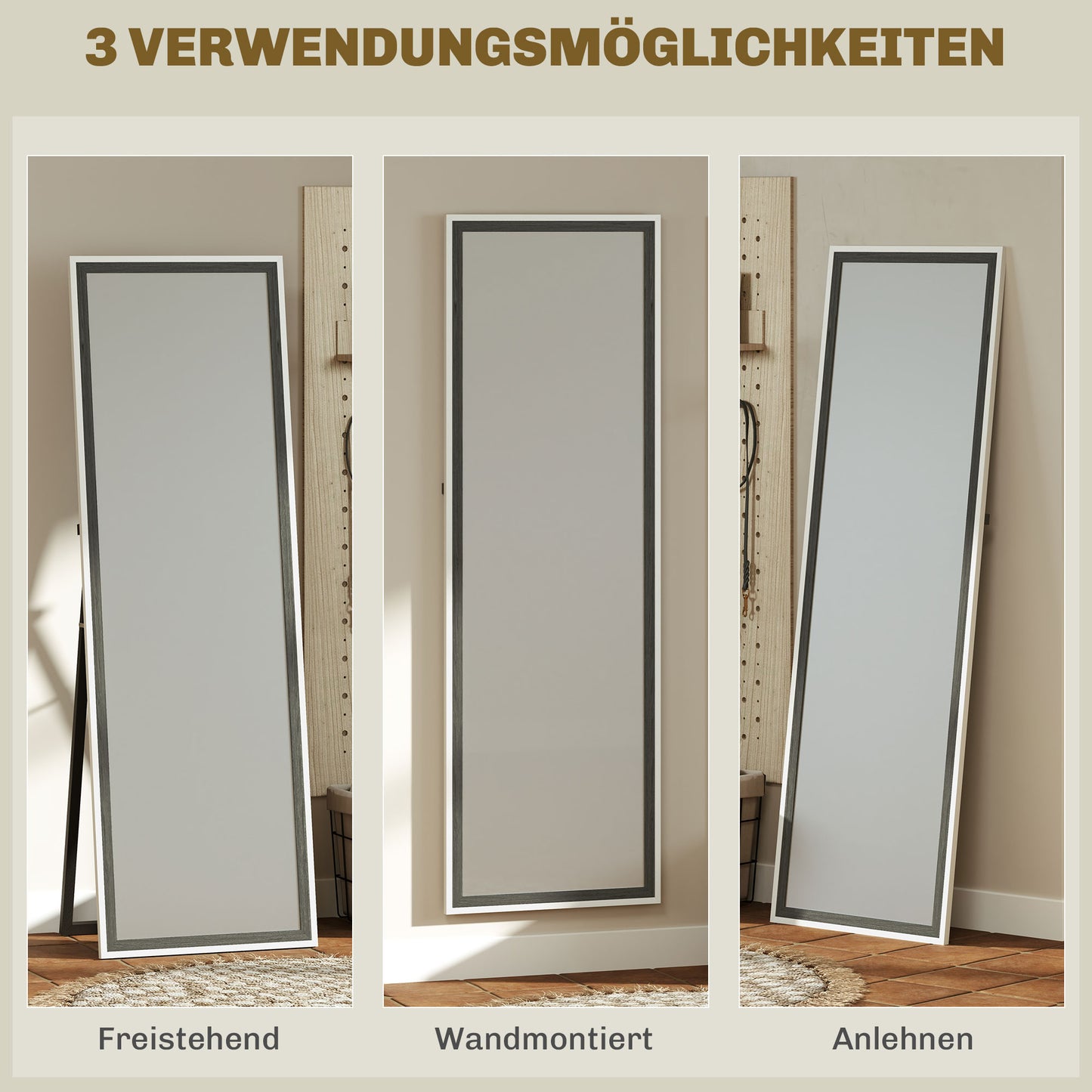HOMCOM Ganzkörperspiegel, MDF-Rahmen, splitterfreie Folie, 162,6 x 53,3 cm, Grau