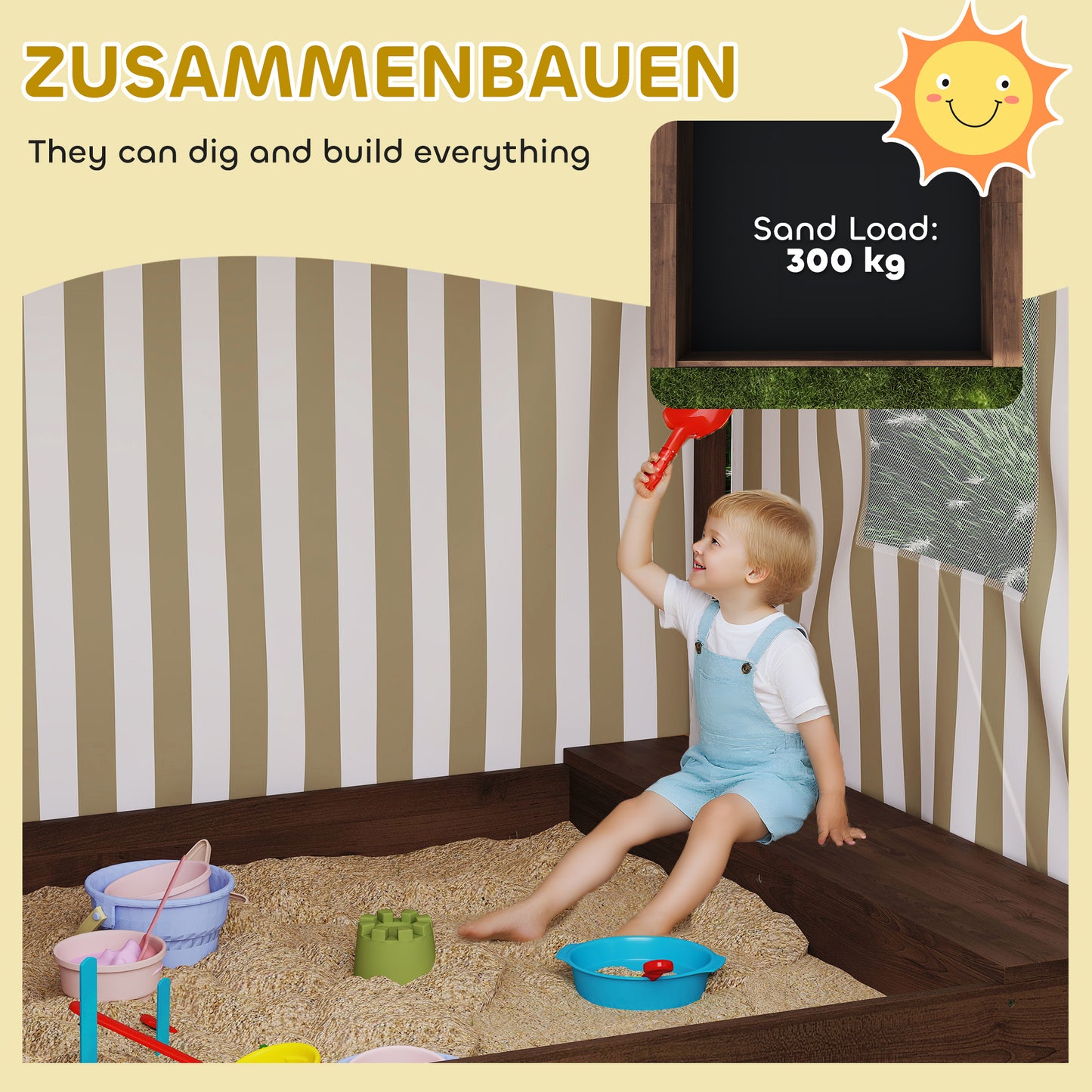 AIYAPLAY Sandkasten, Sandkiste mit Vordach und Netztür, Sitzbänke, Bodenschutz, Braun