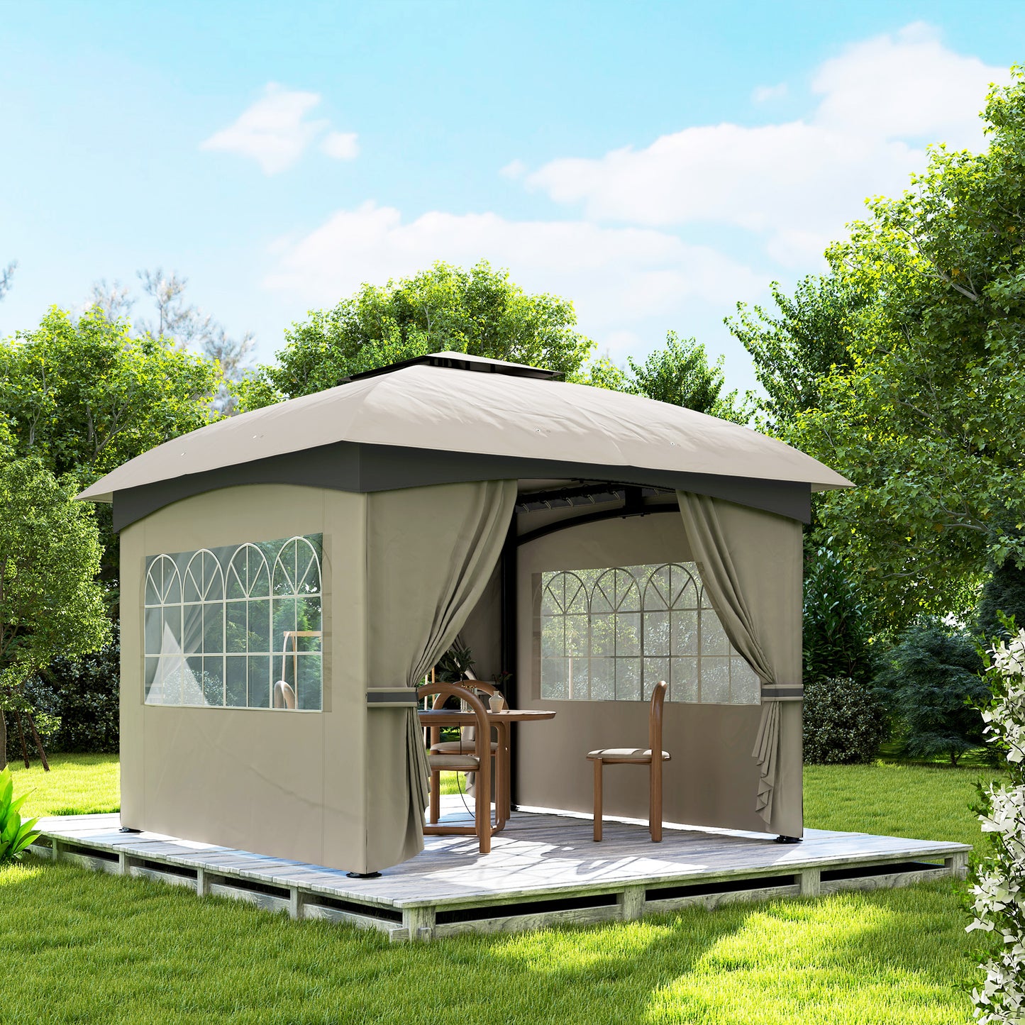 Outsunny 3,4 x 3,4 m Gartenpavillon, Bierzelt mit Lüftungsdach, Bogenfenstern, Stahlgestell, Hellgrau