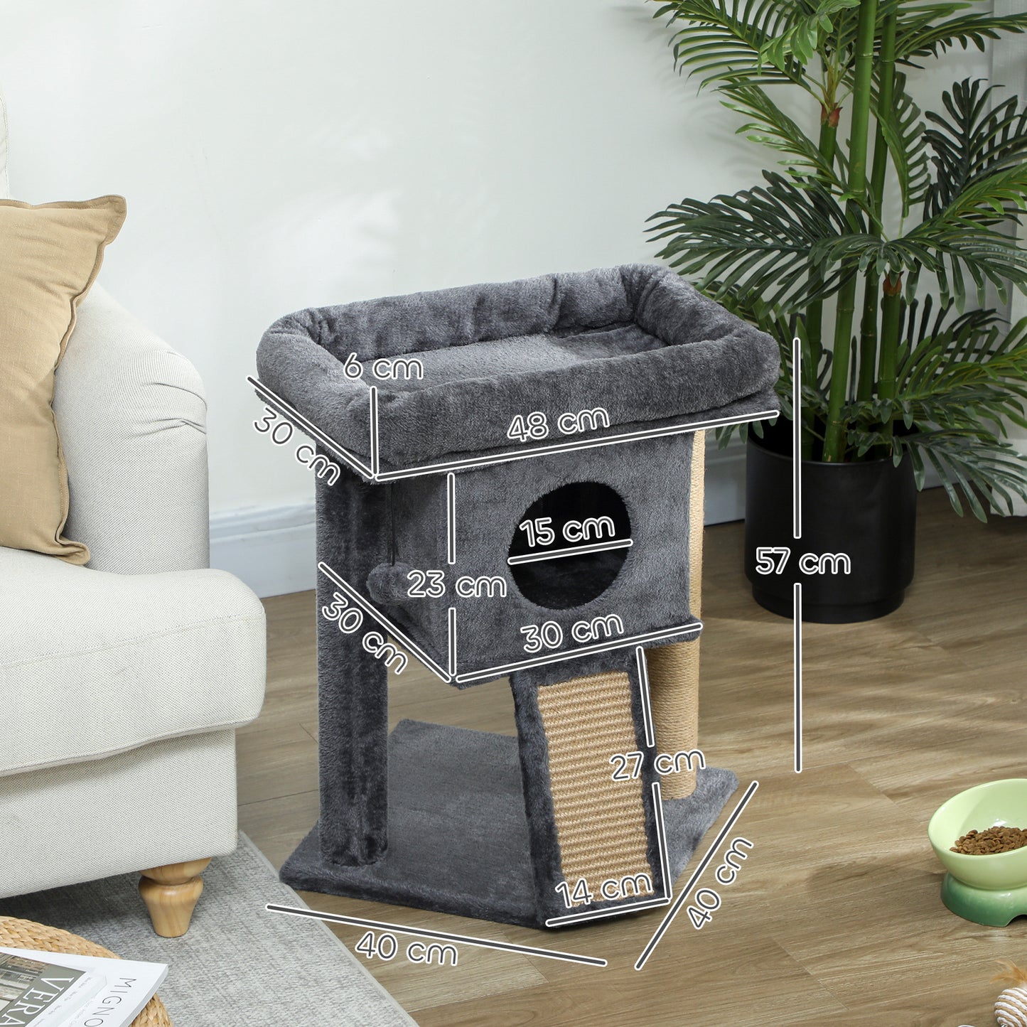 PawHut Kratzbaum mit Jute-Kratzmatte, Liegeplattform, Spielball, Katzenhaus, Beige, 40 x 40 x 57 cm