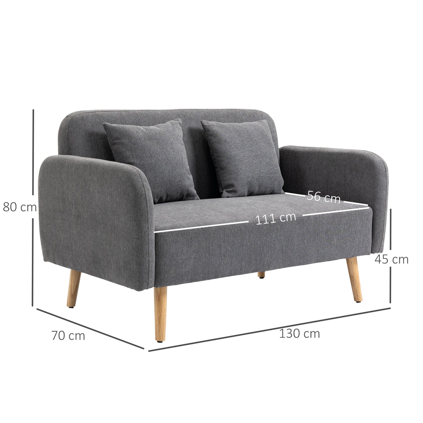 HOMCOM Sofa 2 Sitzer Couch mit 2 Wurfkissen, Kleine Loveseat mit Samtopik Modern Polstersofa für Wohnzimmer, Schlafzimmer, kleinen Raum, Grau 130 x 70 x 80 cm
