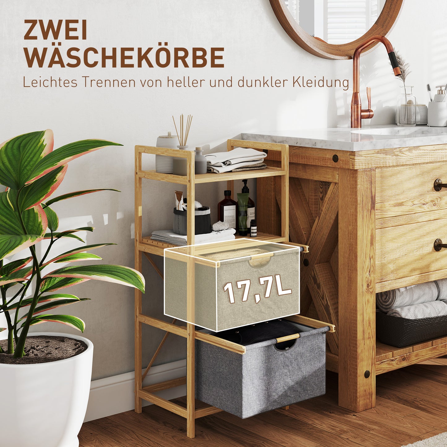HOMCOM Bambus-Wäscheregal, mit 2 Wäschekörben aus Stoff, offene Ablagen, platzsparend, Naturholz