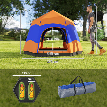 Outsunny Doppellagiges Instant-Pop-Up-Zelt mit Regenschutz, Outdoor Familienzelt für 4 Personen wasserdicht sechseckig 4 Jahreszeiten Kuppelzelt mit Bodenplane 2 Türen Moskitonetz Tragetasche Orange