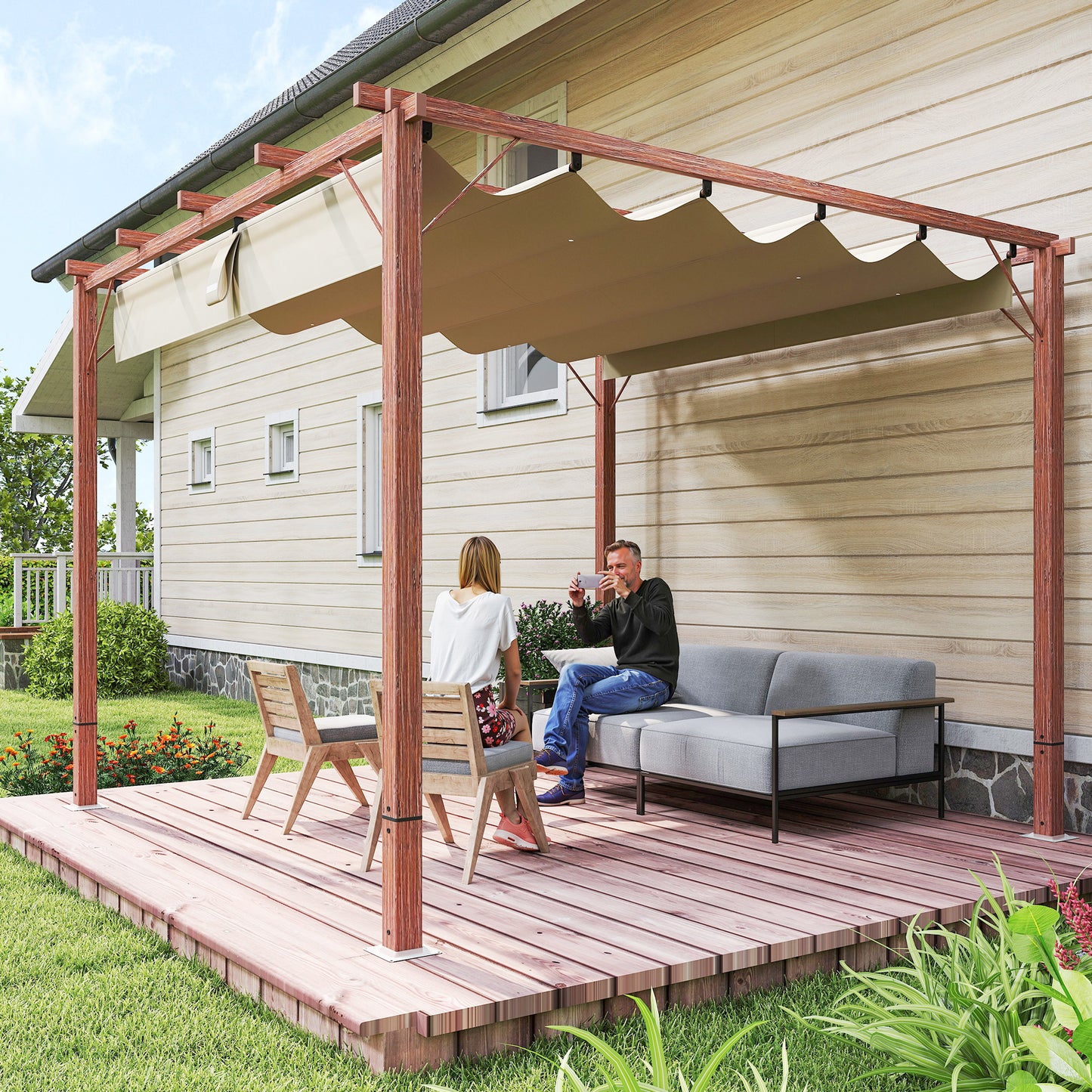Outsunny 3 x 3 m Garten-Pergola, Verstellbares Terrassendach, Aluminium-Rahmen, UPF30+ Sonnenschutz, Naturholz