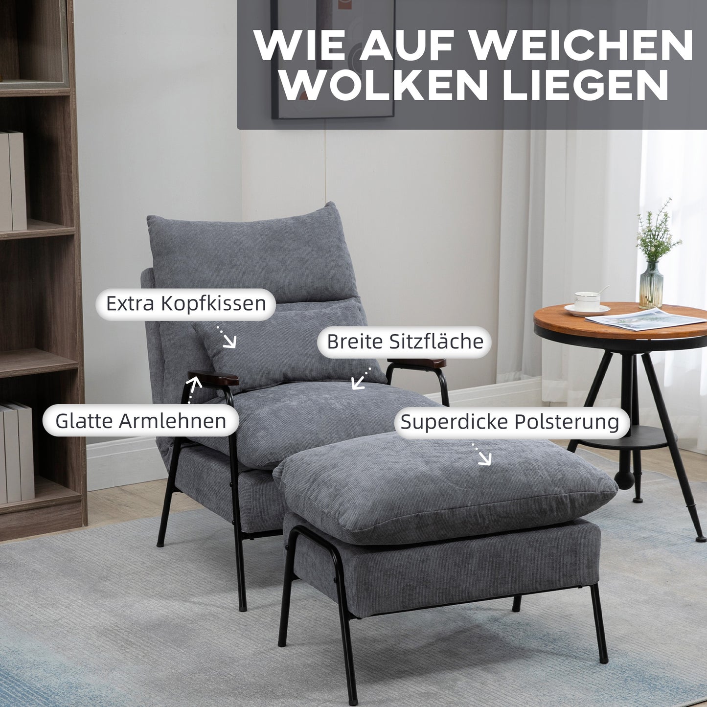 HOMCOM Sessel mit Ottomane Polstersessel Relaxsessel, inkl. Kissen, 68 cm x 91,5 cm x 88 cm, Hellgrau