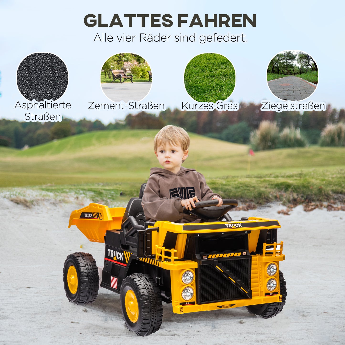 AIYAPLAY Elektro-Kipplaster, 3-6 km/h, Rutschauto, kippbare Ladefläche, Licht & Musik, für 3-5 Jahre
