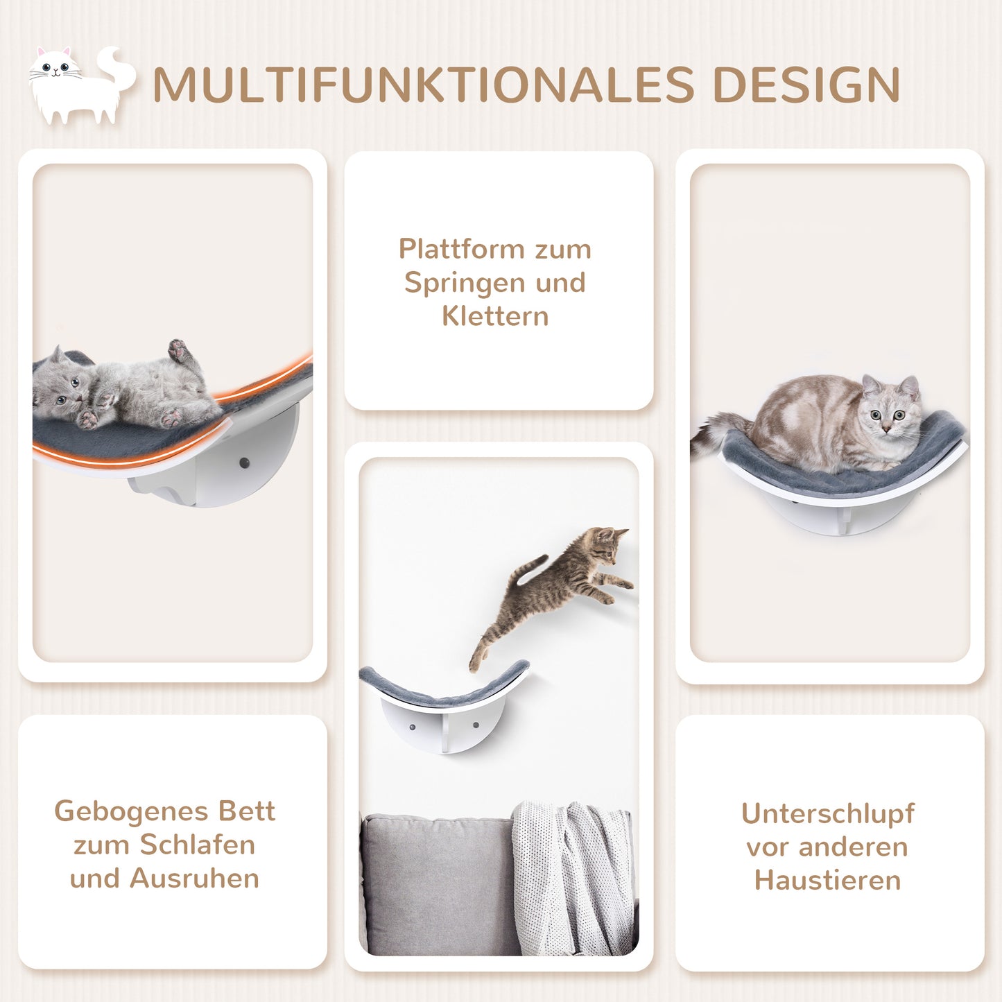 PawHut Katzenliege Katzen Wandliege Katzenbett Katzenregal Wandmontage Plüschauflage Grau 41 x 28 x 21 cm