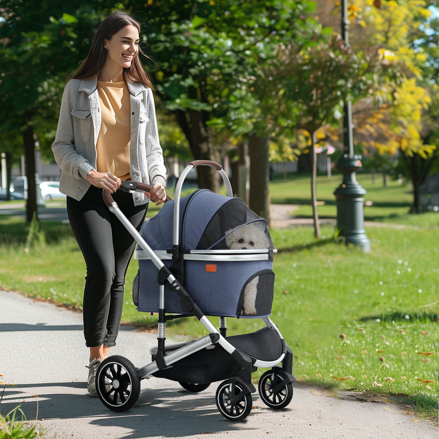 PawHut Hundewagen 3 in 1 Hundebuggy klappbar för Katzen till 10 kg Katzenbuggy mit Kissen Becherhalter Dunkelblau