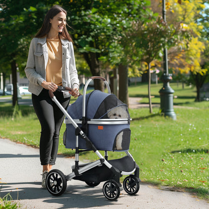 PawHut Hundewagen 3 in 1 Hundebuggy klappbar för Katzen till 10 kg Katzenbuggy mit Kissen Becherhalter Dunkelblau