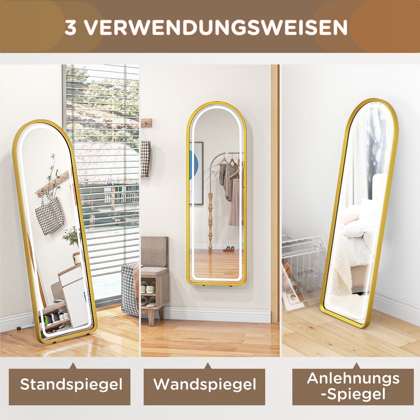 HOMCOM Standspiegel Wandspiegel Ganzkörperspiegel inklusive Wandbefestifung, 151,5 x 50 x 4 cm, Gold