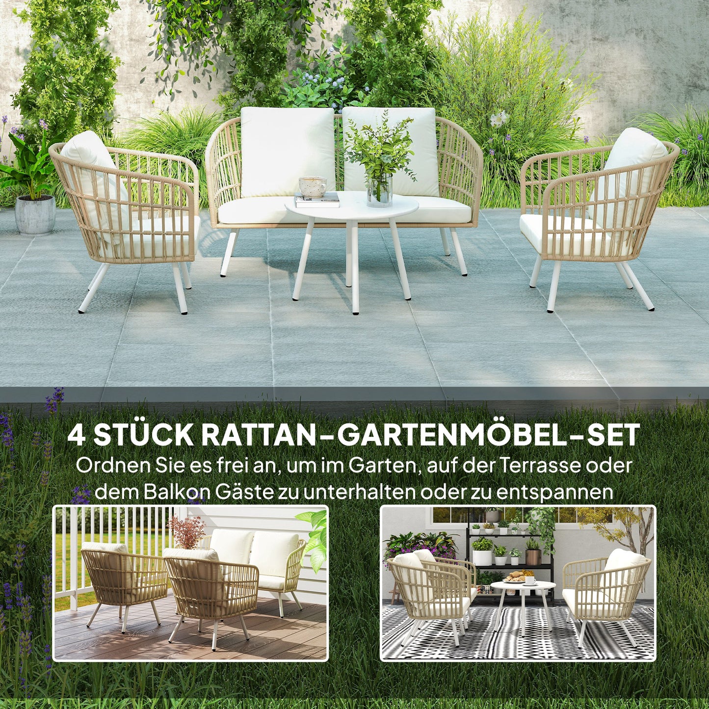 Outsunny Gartenmöbel Set aus Polyrattan Lounge-Set mit 2er Sofa Sessel Tisch Kissen wetterfest für 4 Personen Khaki