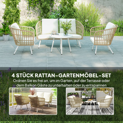 Outsunny Gartenmöbel Set aus Polyrattan Lounge-Set mit 2er Sofa Sessel Tisch Kissen wetterfest für 4 Personen Khaki