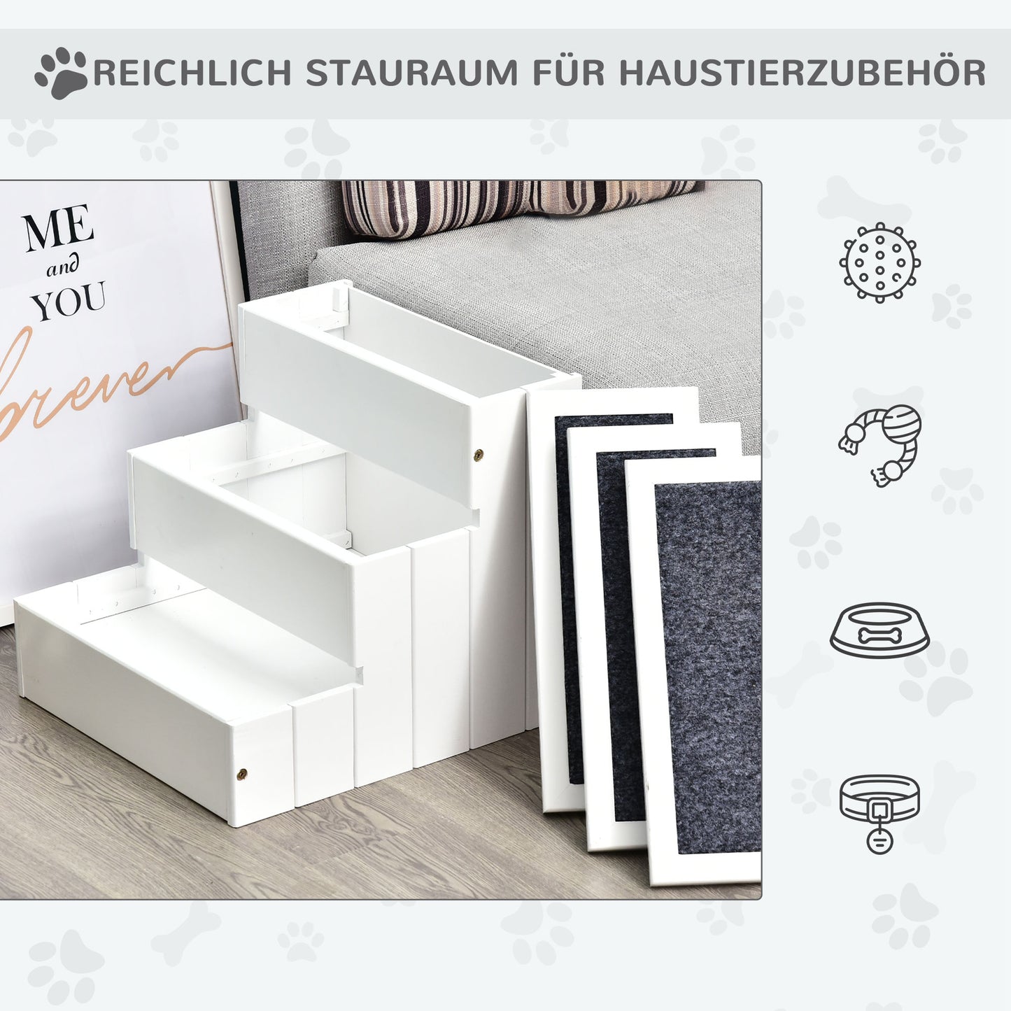 PawHut Hundetreppe 3 Stufen Katzentreppe Haustiertreppe Hundetreppe für Hunde und Katzen Tiertreppe Einstiegshilfe mit Teppich Staurum für Soffa Bett Tannenholz Weiß 40,5 x 44,5 x 38 cm