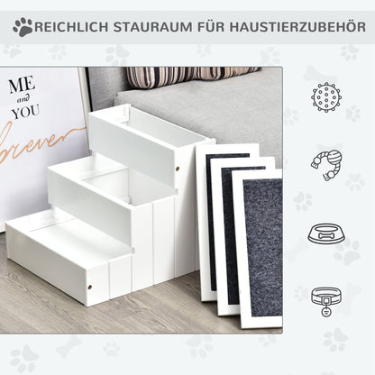 PawHut Hundetreppe 3 Stufen Katzentreppe Haustiertreppe Hundetreppe für Hunde und Katzen Tiertreppe Einstiegshilfe mit Teppich Staurum für Soffa Bett Tannenholz Weiß 40,5 x 44,5 x 38 cm