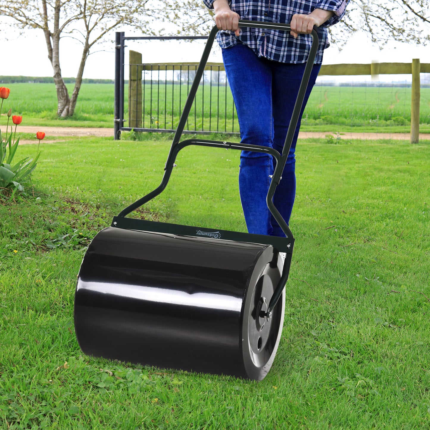 Outsunny Rasenwalze mit U-Griff, Gartenwalze, Gartenrolle, 40 cm Durchmesser, 60 L Wasser-/Sandfüllung, Metall, Schwarz 57 x 40 x 123 cm