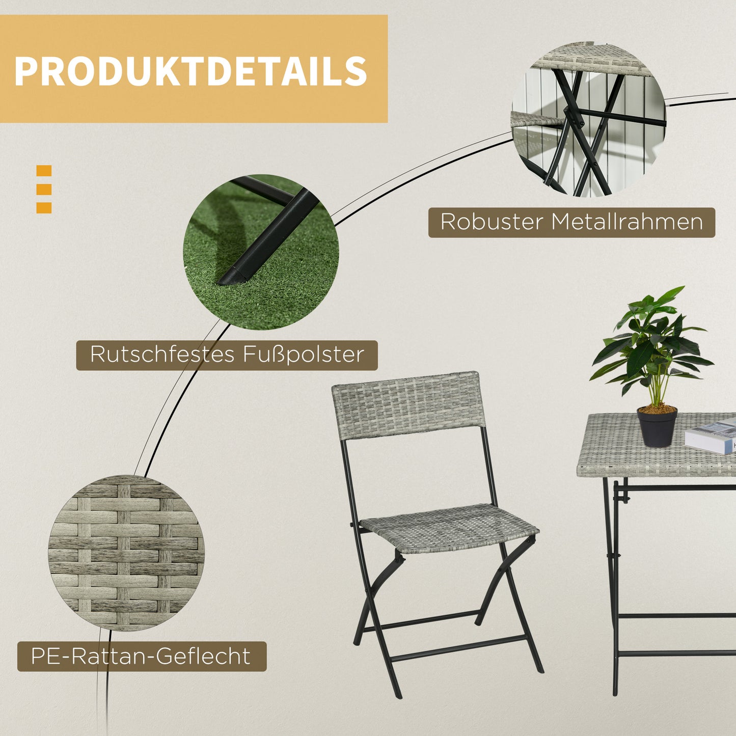 Outsunny 3-tlg. Gartensitzgruppe, 2 Klappstühle, 1 Klapptisch, Rattanoptik, Metallrahmen, hellgrau