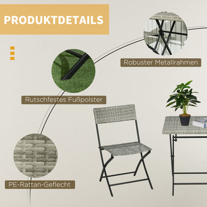 Outsunny 3-tlg. Gartensitzgruppe, 2 Klappstühle, 1 Klapptisch, Rattanoptik, Metallrahmen, hellgrau