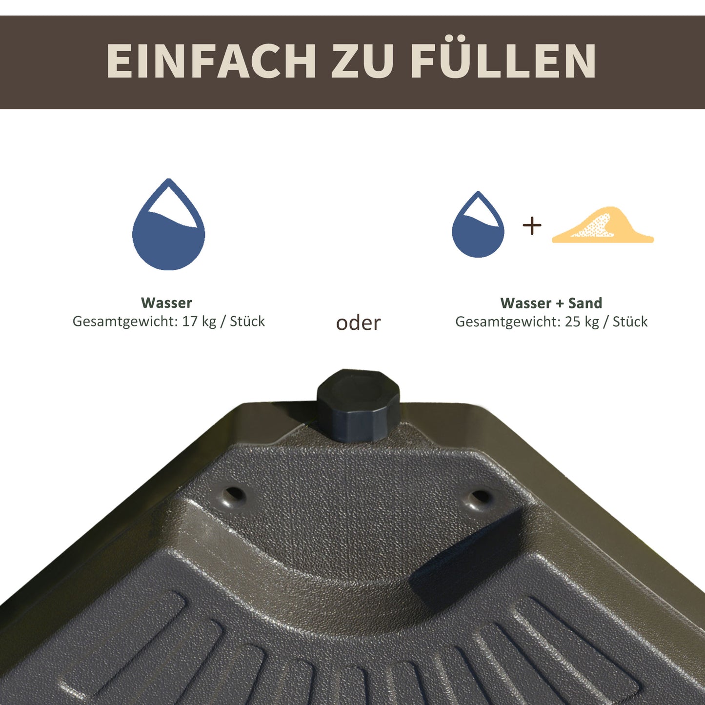Outsunny Sonnenschirmständer 4-teilig, Schirmgewicht, Schirmständer, Bodenkreuz befüllbar med Sand/Wasser bis 25/17 kg, Gewichte Sonnenschirmfuß HDPE Kaffee