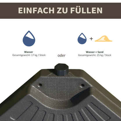 Outsunny Sonnenschirmständer 4-teilig, Schirmgewicht, Schirmständer, Bodenkreuz befüllbar med Sand/Wasser bis 25/17 kg, Gewichte Sonnenschirmfuß HDPE Kaffee