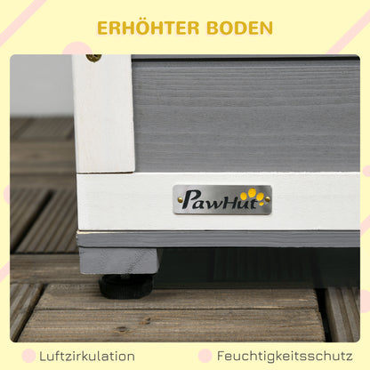 PawHut Hundehütte aus Massivholz, mit 2 Fressnäpfen, Veranda, wetterbeständig, 103 cm x 62 cm x 66 cm, Grau + Weiß