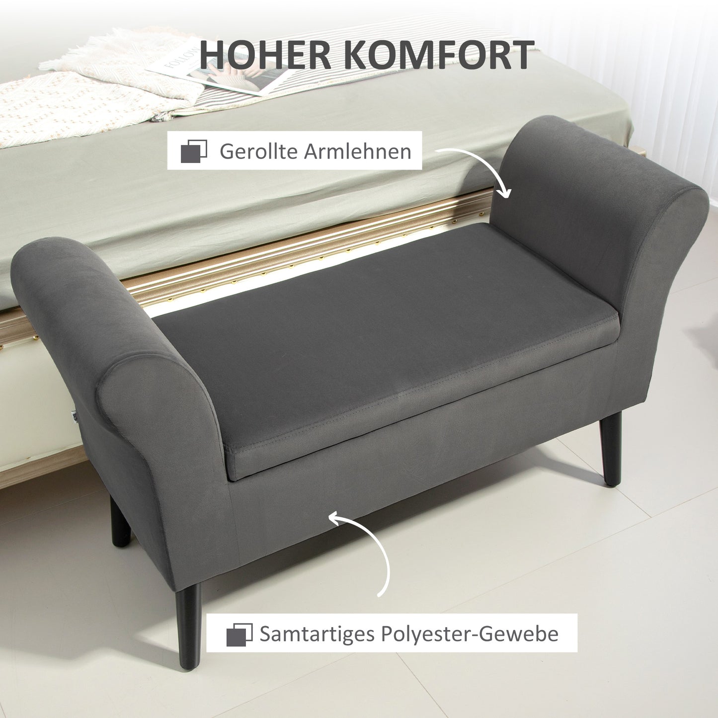 HOMCOM Polsterbank mit Stauraum, Truhenbank mit Armlehnen, 46 cm Sitzhöhe, samtartiges Polyester, 111,5 x 41 x 65 cm, Dunkelgrau
