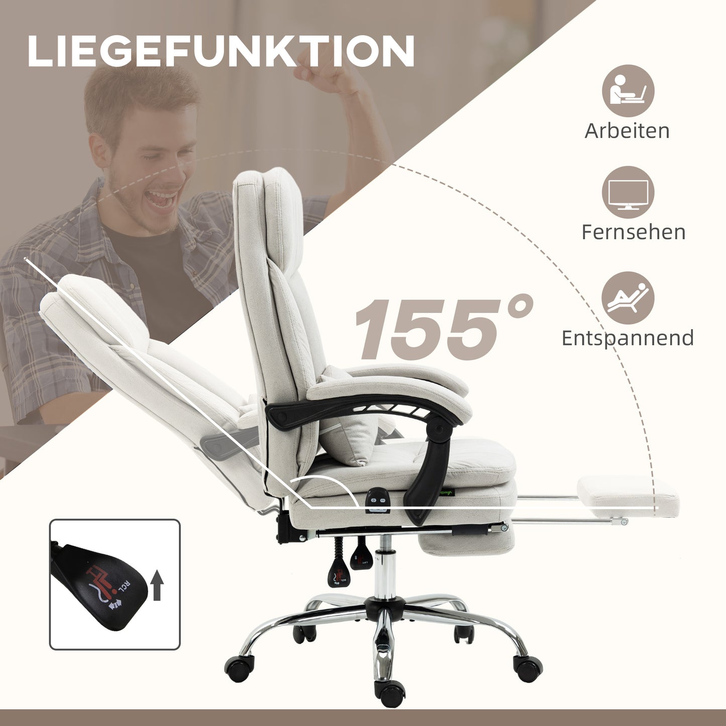 Vinsetto Bürostuhl mit Massage- und Heizfunktion, ergonomisch, 66x67x110-118cm, Cremeweiß