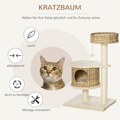 PawHut Kratzbaum Rattan 95 cm Höhe 3-Stufiger Katzenbaum mit Platform, Katzenbett, Kletterbaum mit Katzenhöhle Sisalstämmen Spielbälle Katzenmöbel Sisal Natur+Beige