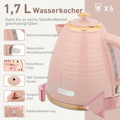 HOMCOM 2-in-1 Toaster- und Wasserkocher-Set, 7 Bräunungsstufen, Auftau- und Aufwärmfunktion, Rosa