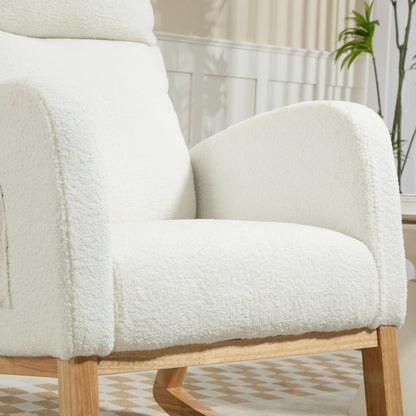 HOMCOM Schaukelstuhl, Relaxsessel, dicke Polsterung, kuscheliger Bezug, Holzrahmen, bis 120 kg Tragkraft, Cremeweiß