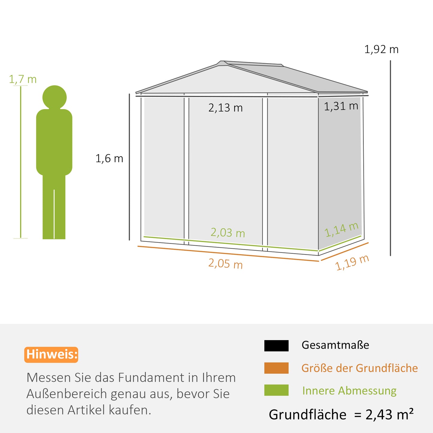 Outsunny 2,43 ㎡ Gerätehaus, 213 x 131 x 192 cm Geräteschuppen mit Satteldach, Abschließbare Schiebetür, wetterfest, Grau