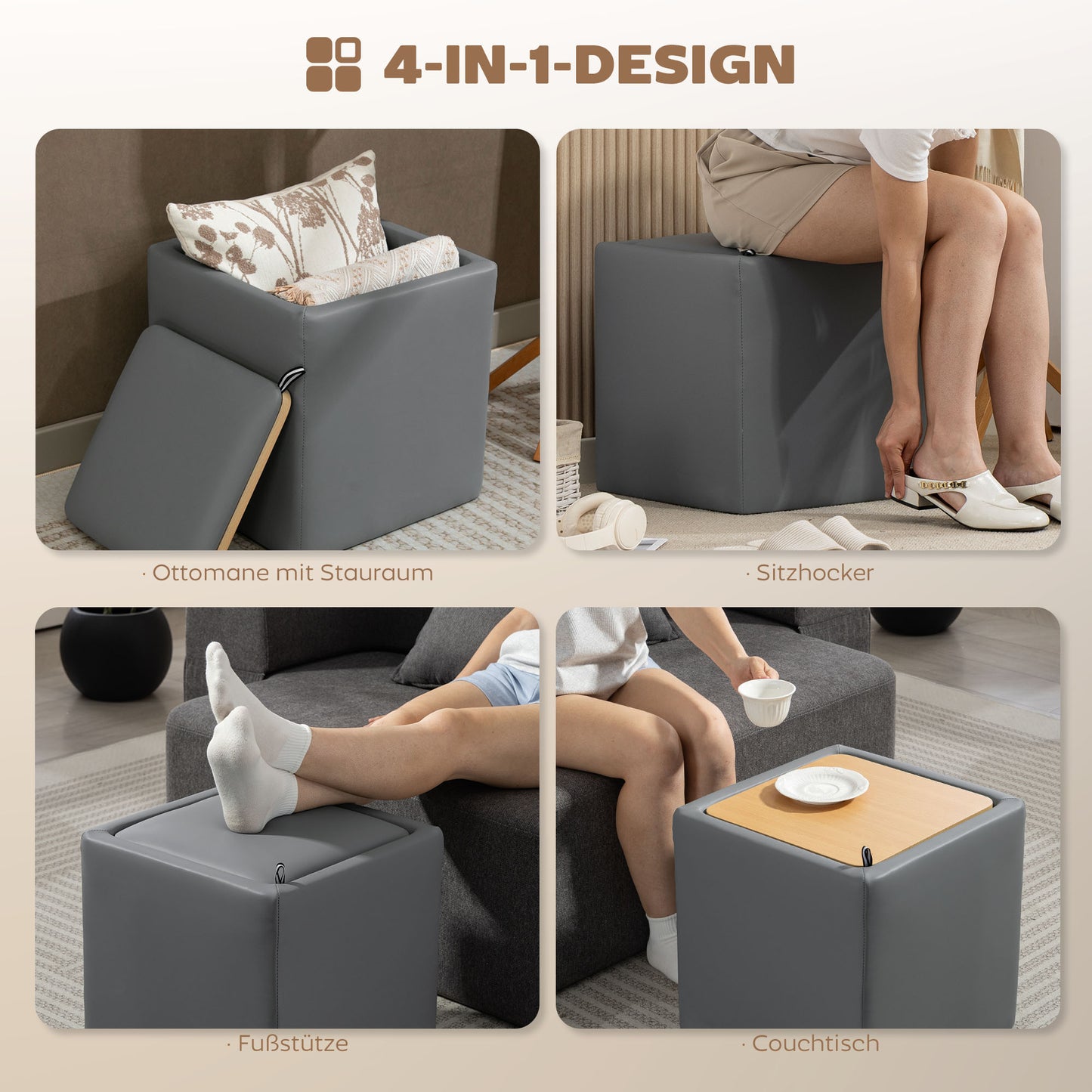 HOMCOM Sitzhocker mit Stauraum Hocker mit Deckel, Quadratischer Fußhocker Sitzwürfel Kunstleder 40 x 40 x 40 cm Grau