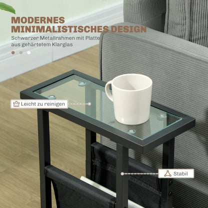 HOMCOM Beistelltisch aus Metall mit Stofftasche und Glasplatte, schmaler Tisch für Wohnzimmer, Schlafzimmer, Schwarz