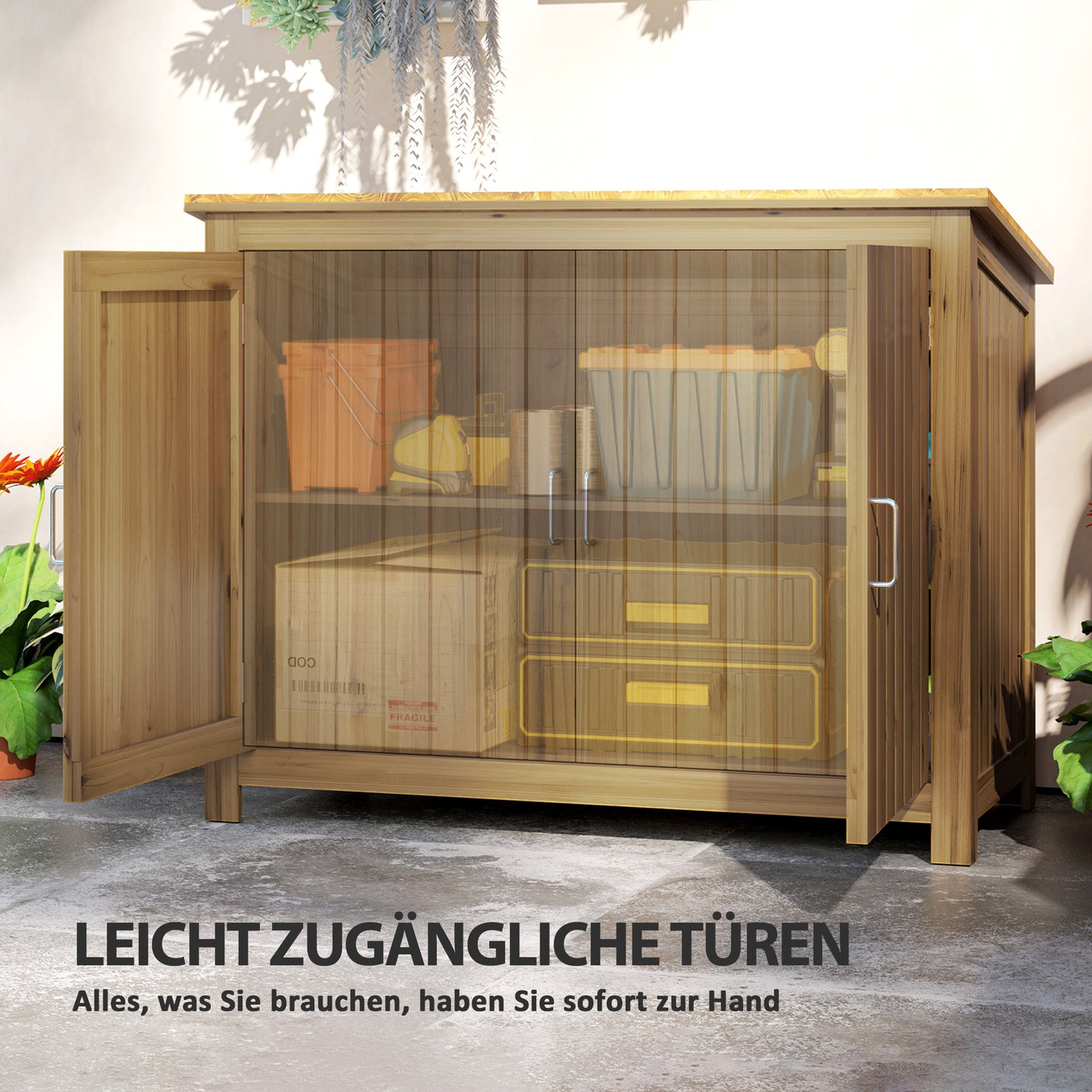 Outsunny Gartenschrank, Holzkommode mit 2 Regalen für Garten, Terrasse, Wetterfest, 110 x 50 x 85 cm, Braun