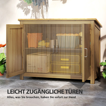 Outsunny Gartenschrank, Holzkommode mit 2 Regalen für Garten, Terrasse, Wetterfest, 110 x 50 x 85 cm, Braun