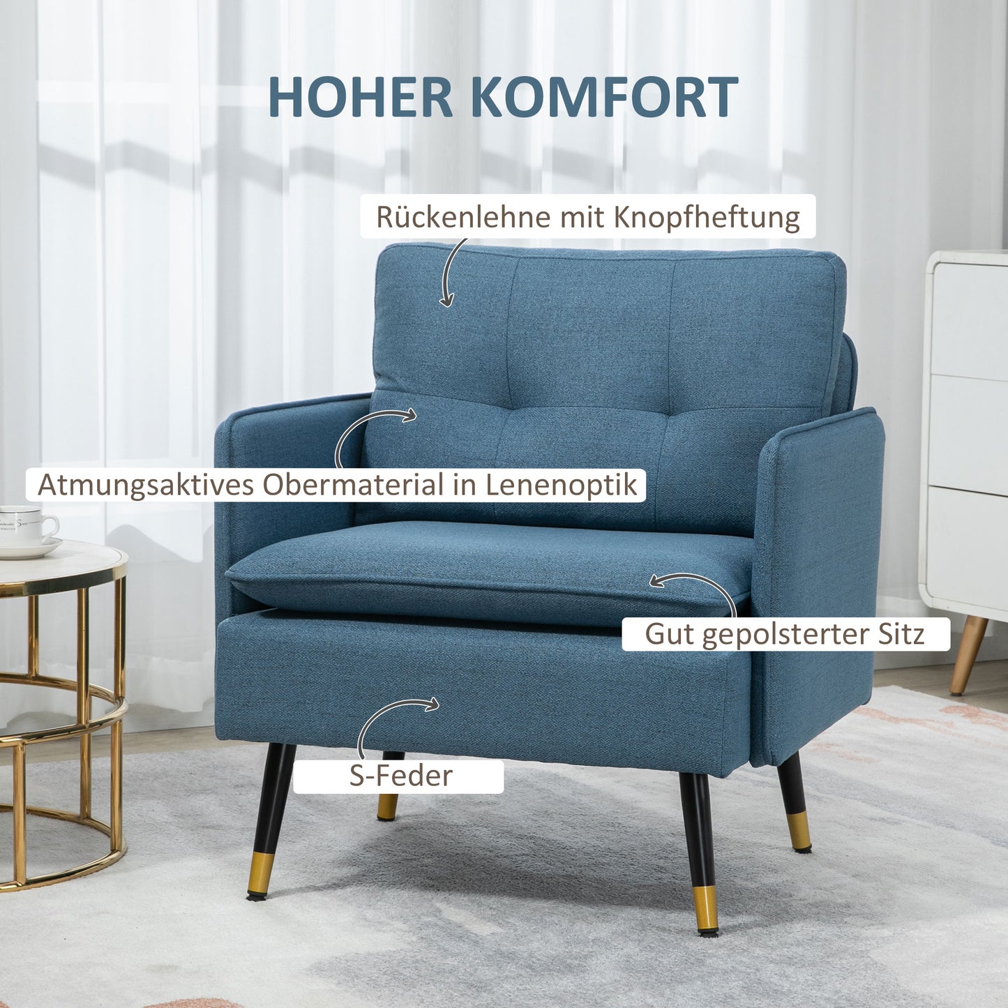 HOMCOM Akzentsessel mit Knopfheftung, Polstersessel, abnehmbare Polster, Schwarz + Gold + Blau