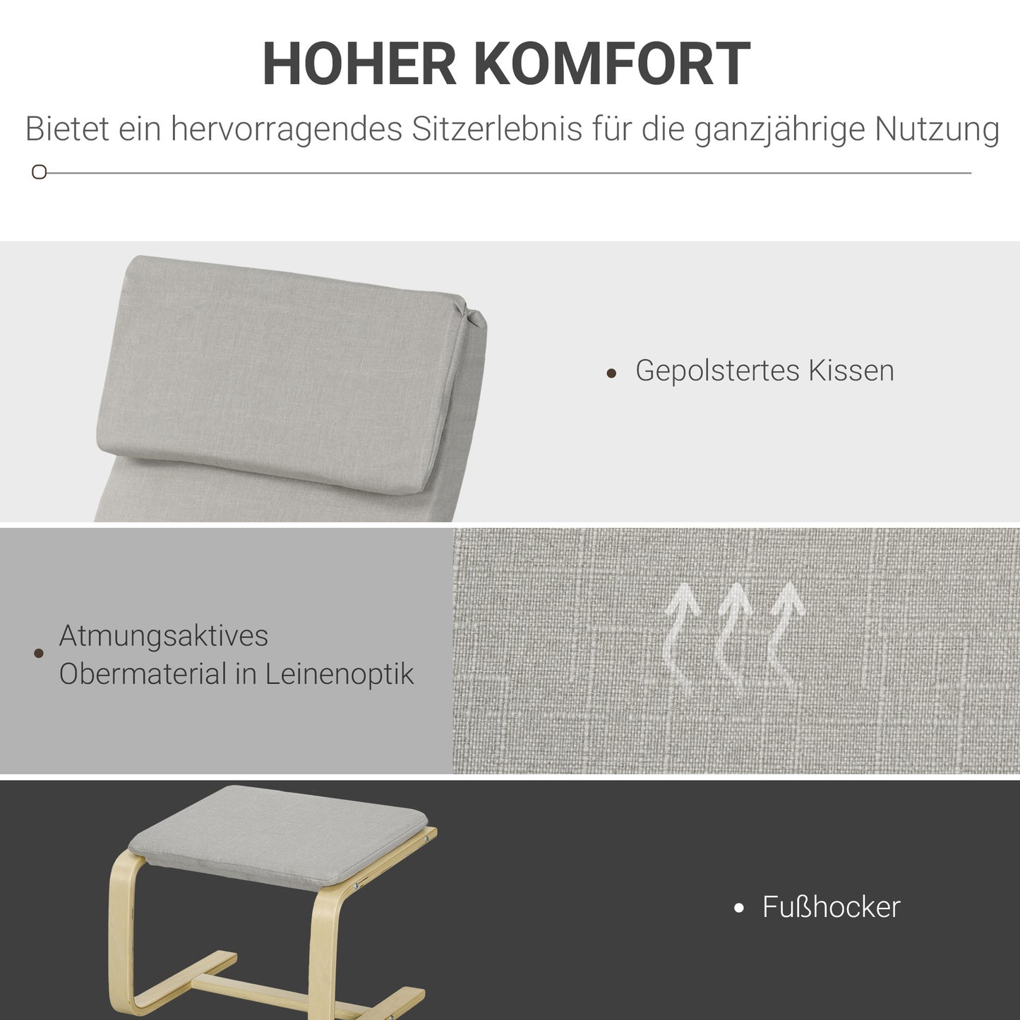 HOMCOM Loungesessel mit Hocker, Bezug in Leinenoptik, Holzrahmen, bis 120 kg, Hellgrau/Natur