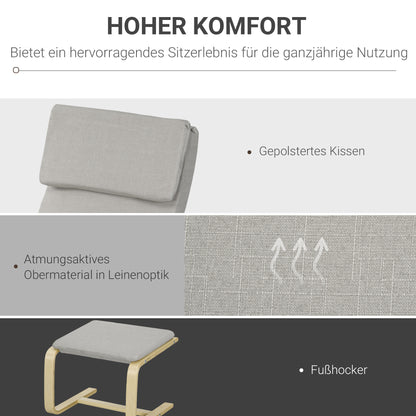 HOMCOM Loungesessel mit Hocker, Bezug in Leinenoptik, Holzrahmen, bis 120 kg, Hellgrau/Natur