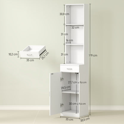 HOMCOM Hoher Badezimmerschrank, schmales Design, Schublade, Regale, Schrank, Spanplatte, Weiß