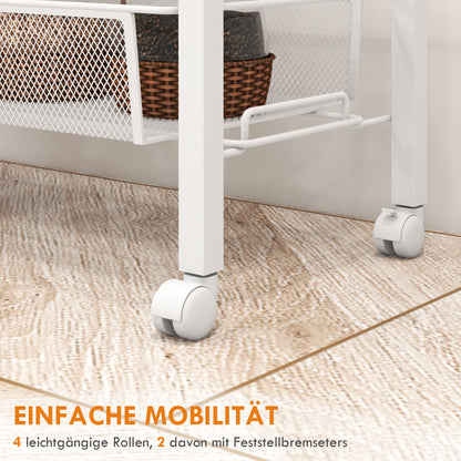 HOMCOM Nischenwagen Mehrzweckwagen Küchenwagen, 3 Regale, Haken, 58 cm x 18,5 cm x 87 cm, Weiß