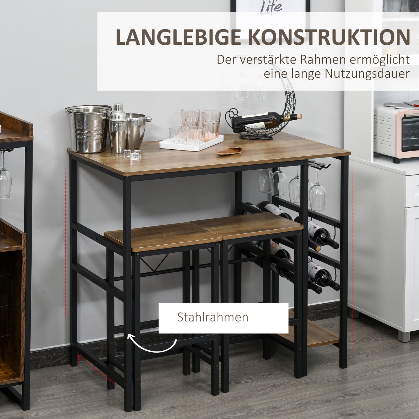 HOMCOM Bartisch-Set, Stehtisch mit 2 Barhockern, 3-teiliges Tischset Küchentresen mit Flaschenhalterung Spanplatte, Stahl, Natur+Schwarz, 108 x 60x 95H cm