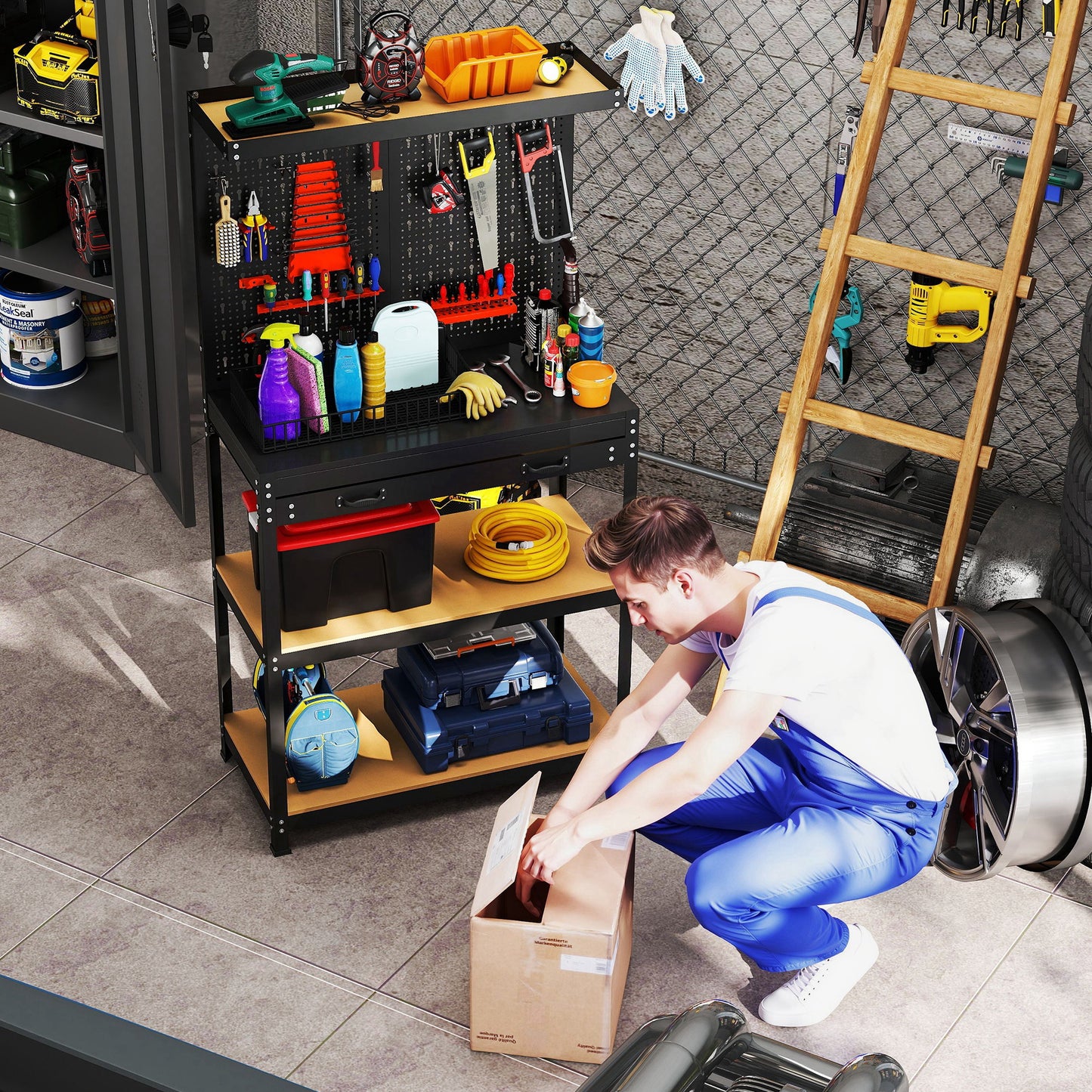 HOMCOM Werkbank 80 x 40,5 x 155 cm Werkzeugbank mit Lochwand, Haken, Schublade, 2 Ablagen für Werkstatt Schwarz